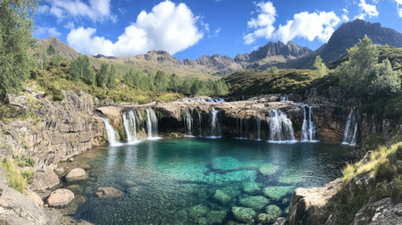 Panoramic view of the serene Fairy Pools, with waterfalls cascading into pools of blue and green water, set against the mountainous terrain. No people included.の素材
