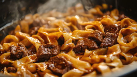 A close-up of Chinese hand-pulled noodles (lamian) served with braised beef, fresh from a street vendor, showcasing the noodles' soft, chewy texture.の素材
