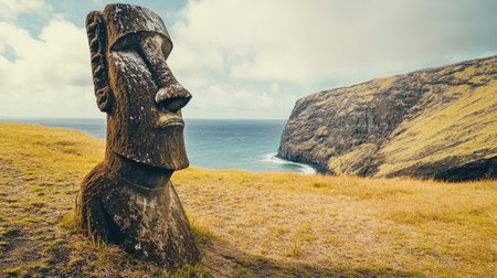 A dramatic view of the Moai on Rano Kau, overlooking the volcanic crater and offering a glimpse of the island's stunning geography. No people included.の素材