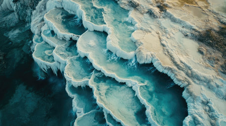 Aerial shot of Pamukkale terraced pools, with mineral-rich waters flowing down the cascading limestone formations. No people included.の素材