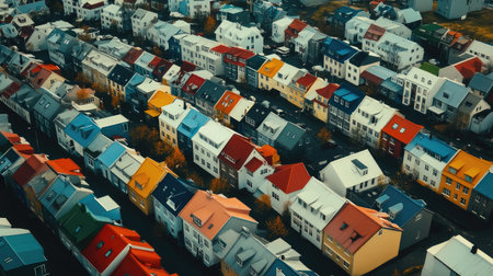 Aerial shot of Reykjaviks city center, highlighting the colorful rooftops, iconic landmarks, and the surrounding natural beauty. No people included.の素材
