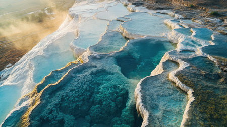 Aerial shot of Pamukkale terraced pools, with mineral-rich waters flowing down the cascading limestone formations. No people included.の素材