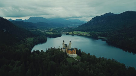 Aerial shot of Neuschwanstein Castle and its surrounding landscape, including the picturesque lakes and rolling hills of Bavaria. No people included.の素材