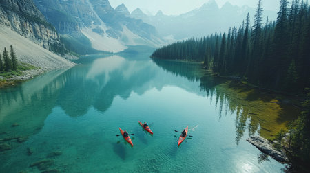 Aerial view of Moraine Lake with kayakers paddling in the clear waters, surrounded by the breathtaking landscape of the Canadian Rockies. No people included.の素材