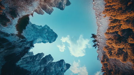 Aerial view of Moraine Lake reflecting the sky and mountains, showcasing the stunning symmetry and colors of the landscape. No people included.の素材
