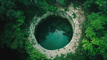 Aerial view of the Sacred Cenote at Chichen Itza, highlighting its circular shape and the lush greenery surrounding it. No people included.の素材