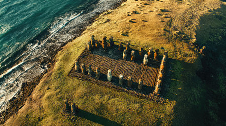 Aerial view of the ceremonial platforms at Ahu , showcasing the impressive arrangement of the Moai along the coast. No people included.の素材