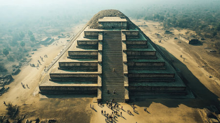 Aerial view of the iconic pyramid structure of El Castillo with tourists exploring the site, emphasizing its historical significance. No people included.の素材