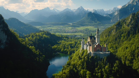 Aerial view of Neuschwanstein Castle nestled among the lush green mountains, with the stunning Bavarian landscape in the background. No people included.の素材