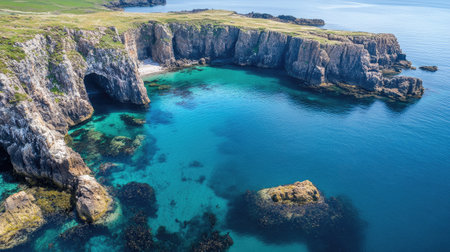 Aerial view of the coastline surrounding Fingal's Cave, with rocky outcrops and deep blue waters creating a stunning natural landscape. No people included.の素材