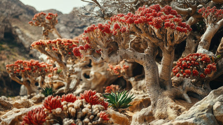 Close-up of Socotra endemic flora, featuring the unique shapes and colors of the island's diverse plant life in its natural habitat. No people included.の素材