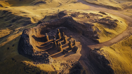 Aerial shot of the quarry at Rano Raraku, where many Moai were carved, showcasing the statues in various stages of completion. No people included.の素材