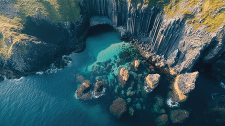 Aerial view of the coastline surrounding Fingal's Cave, with rocky outcrops and deep blue waters creating a stunning natural landscape. No people included.の素材