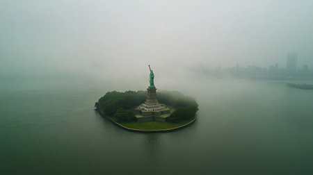 Aerial view of the statue during a cloudy day, with mist surrounding the statue and adding a dramatic touch to the scene. No people included.の素材