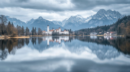 Close-up of Neuschwanstein Castle reflected in a tranquil lake, with the mountains creating a stunning backdrop. No people included.の素材