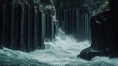 Close-up of the entrance to Fingal's Cave, showcasing the towering basalt columns and the powerful waves crashing against the rocks. No people included.の素材