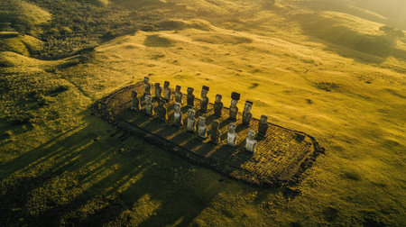 Aerial view of the Moai statues on Easter Island, highlighting their alignment and the surrounding lush landscape. No people included.の素材