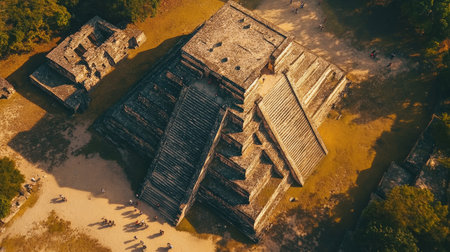 Aerial view of the iconic pyramid structure of El Castillo with tourists exploring the site, emphasizing its historical significance. No people included.の素材