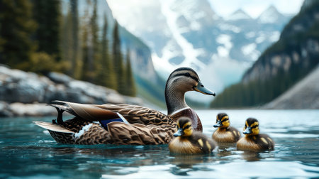 Close-up of a family of ducks swimming in Moraine Lake, surrounded by the breathtaking beauty of the rocky landscape. No people included.の素材