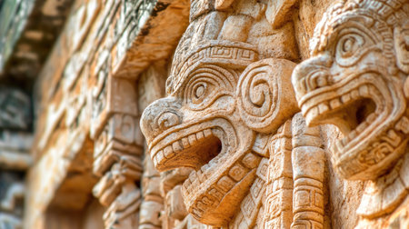 Close-up of the detailed carvings on the walls of the Temple of the Inscriptions, showcasing the artistry of the Mayans. No people included.の素材