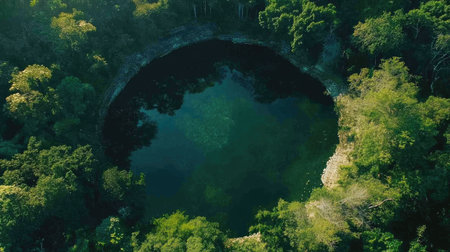 Aerial view of the Sacred Cenote at Chichen Itza, highlighting its circular shape and the lush greenery surrounding it. No people included.の素材