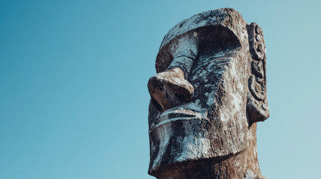 Close-up of a weathered Moai statue, showcasing the intricate carvings and textures of the volcanic rock against a clear blue sky. No people included.の素材