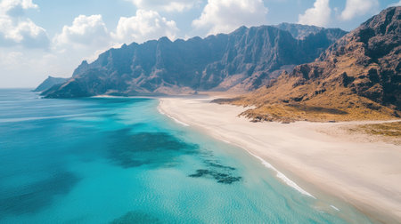 Aerial view of the isolated beaches of Socotra Island, highlighting the clear waters and untouched beauty of this unique destination. No people included.の素材