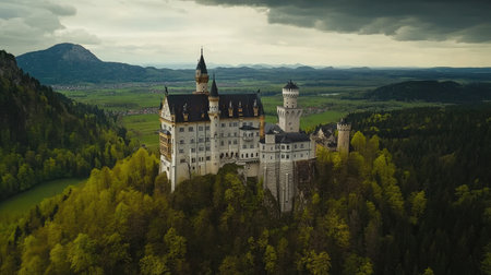 Panoramic shot of Neuschwanstein Castle during spring, surrounded by blooming flowers and lush greenery, showcasing its fairytale charm. No people included.の素材
