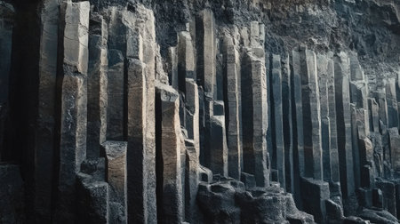 Close-up of the natural rock formations near Fingal's Cave, showcasing the intricate details and textures of the basalt columns. No people included.の素材