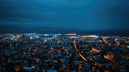 Panoramic shot of Reykjavik skyline at dusk, with city lights twinkling and the vast North Atlantic Ocean stretching into the distance. No people included.の素材