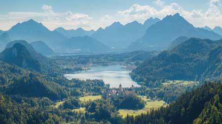 Panoramic view of Neuschwanstein Castle surrounded by a scenic landscape of mountains, valleys, and lakes in the Bavarian countryside. No people included.の素材