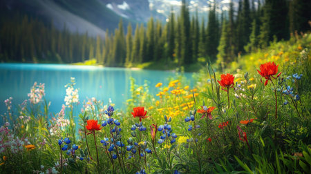 Close-up of the lush greenery surrounding Moraine Lake, capturing the vibrant flora that thrives in this picturesque environment. No people included.の素材