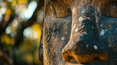 Close-up of the facial features of a Moai statue, focusing on its eyes, nose, and mouth, showcasing the artistry of the Rapa Nui culture. No people included.の素材