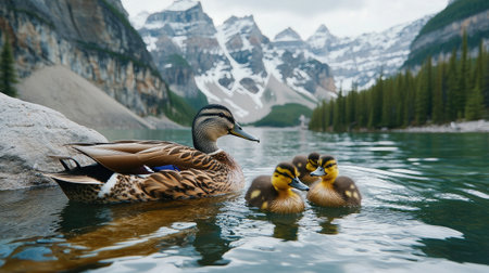 Close-up of a family of ducks swimming in Moraine Lake, surrounded by the breathtaking beauty of the rocky landscape. No people included.の素材