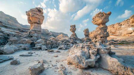 Dramatic shot of the natural rock formations in the interior of Socotra Island, emphasizing their unique shapes and geological features. No people included.の素材