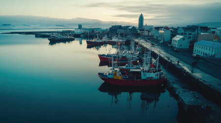 Aerial view of Reykjavik old harbor, with fishing boats docked and the modern skyline rising in the background. No people included.の素材