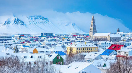 Panoramic view of Reykjavik under a blanket of snow, with colorful rooftops and the iconic Hallgrmskirkja church rising above. No people included.の素材