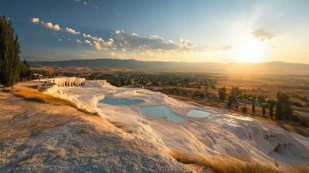 Panoramic view of Pamukkale terraces, with the sun casting long shadows over the white limestone formations and blue pools. No people included.の素材