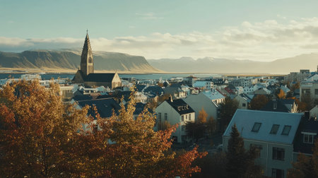 Panoramic shot of Reykjavik cityscape, with the distinct church and the mountains framing the horizon. No people included.の素材