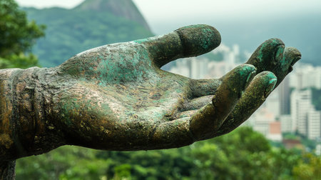 Close-up of the statue outstretched arms, symbolizing peace and welcome, with the cityscape of Rio de Janeiro in the background. No people included.の素材