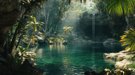 Close-up of the Chichen Itza cenote, surrounded by tropical vegetation and showcasing the natural beauty of this sacred site. No people included.の素材