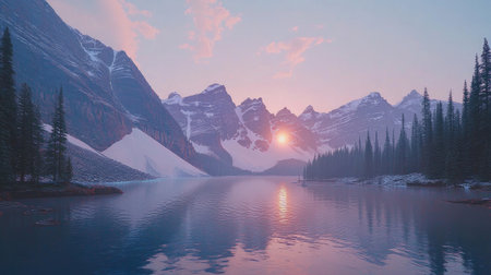 Panoramic view of Moraine Lake at dusk, with the sun setting behind the mountains and casting a warm glow over the tranquil waters. No people included.の素材