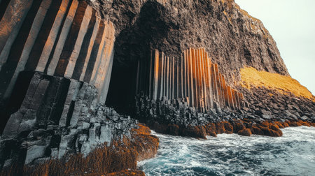Close-up of the natural rock formations near Fingal's Cave, showcasing the intricate details and textures of the basalt columns. No people included.の素材