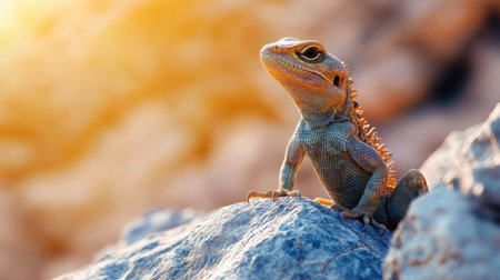 Close-up of the Socotra Island's unique wildlife, featuring a lizard or bird endemic to the region perched on a rock. No people included.の素材