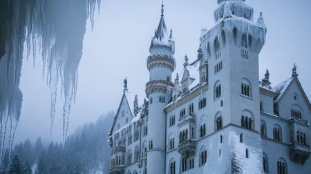 Scenic shot of Neuschwanstein Castle in the snow, with icicles hanging from the rooftops and a winter wonderland surrounding it. No people included.の素材