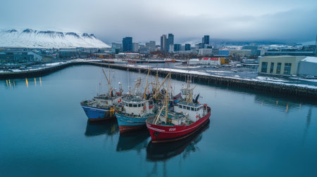 Aerial view of Reykjavik old harbor, with fishing boats docked and the modern skyline rising in the background. No people included.の素材
