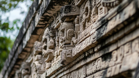 Close-up of the detailed carvings on the walls of the Temple of the Inscriptions, showcasing the artistry of the Mayans. No people included.の素材