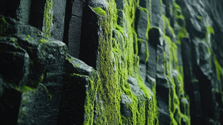 Close-up of the intricate rock formations inside Fingal's Cave, with vibrant green moss contrasting against the dark basalt. No people included.の素材