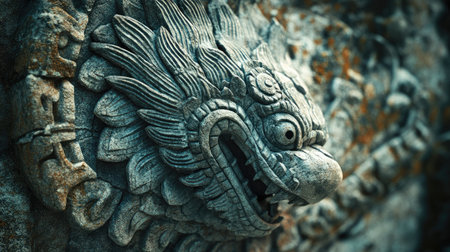 Close-up of the feathered serpent motif carved on a stone at Chichen Itza, representing the rich mythology of the Mayans. No people included.の素材