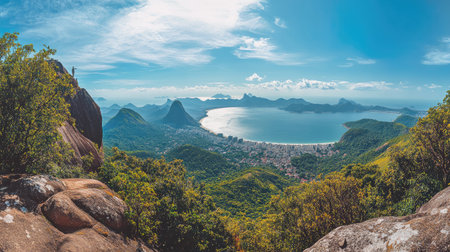 Panoramic view of Rio de Janeiro from the base of Cristo Redentor, capturing the breathtaking landscape with mountains and beaches. No people included.の素材